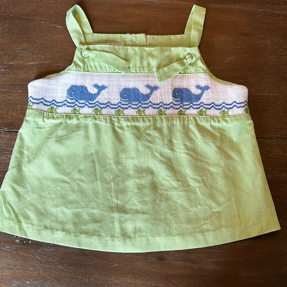 Silly Goose Smocked Green Check/Blue Whales Top